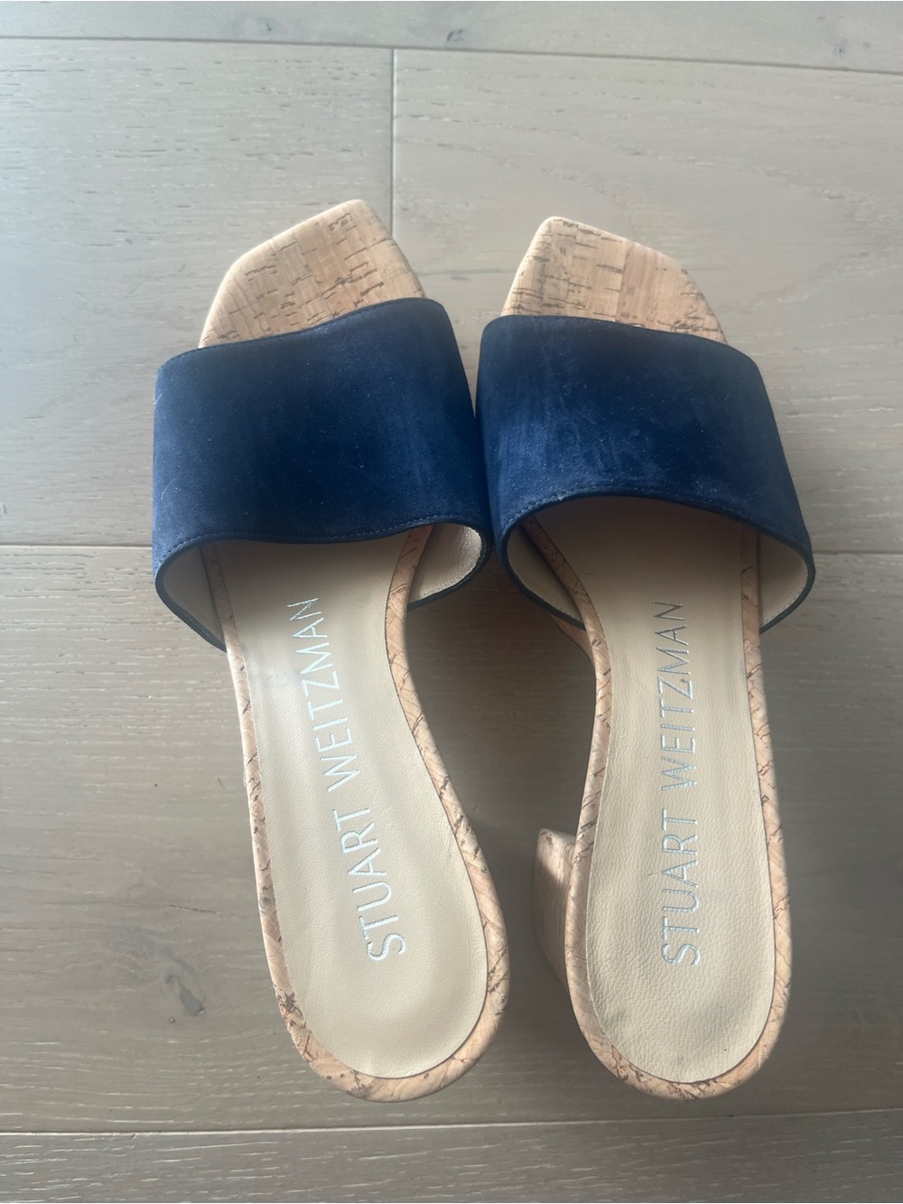 Stuart Weitzman Navy Suede Cork Slide Mules